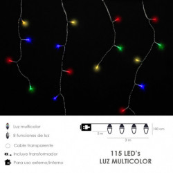 Guirnalda Luces Navidad Cortina 3x1 Metros 115 Leds Multicolor. Luz Navidad Interiores y Exteriores Ip44. Cable Transparente.