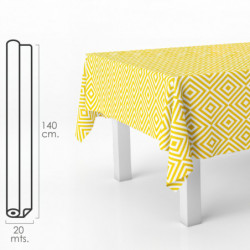 Mantel Hule Rectangular Rombos Amarillos. Impermeable Antimanchas PVC 140 cm. x 20 metros. Rollo Recortable. Interior y Exterior